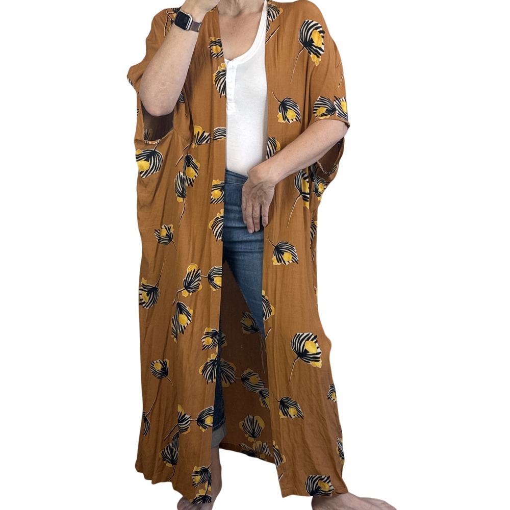 Bel Kazan Anthropologie Lois Print Rust Brown Long Duster Kimono One Size Boho